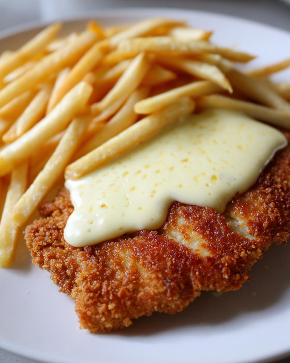 Nahaufnahme eines goldbraun panierten Käse-Sahne-Schnitzels mit einer cremigen Käsesauce und knusprigen Pommes.