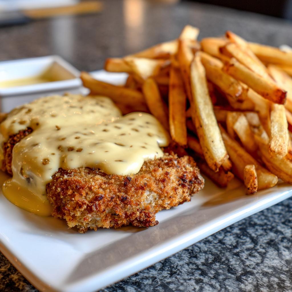 Ein goldbraunes Käse-Sahne-Schnitzel mit einer cremigen Sauce und knusprigen Pommes Frites auf einem weißen Teller.