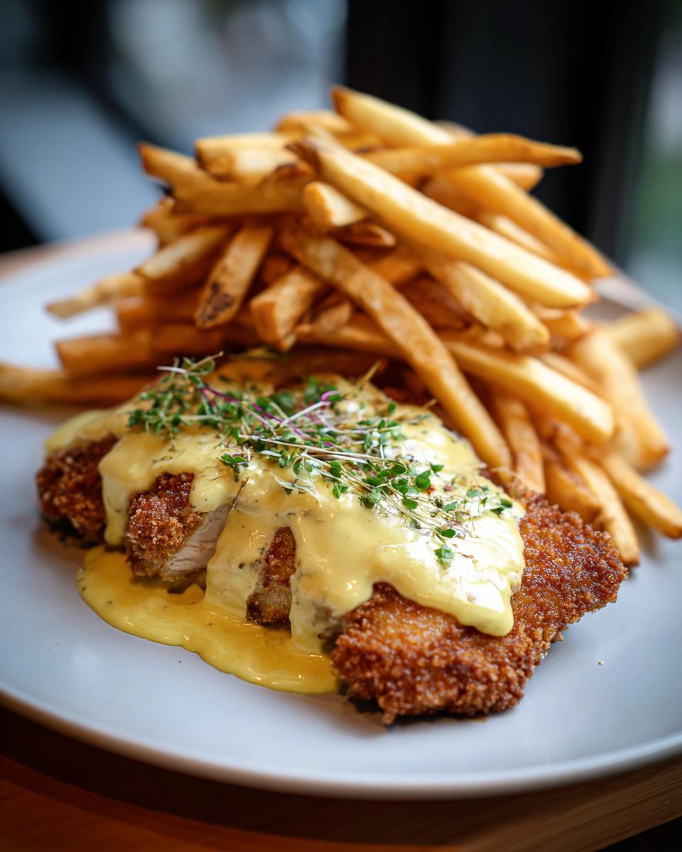 Ein saftiges Käse-Sahne-Schnitzel mit knusprigen Pommes und cremiger Sauce, garniert mit frischen Kräutern.