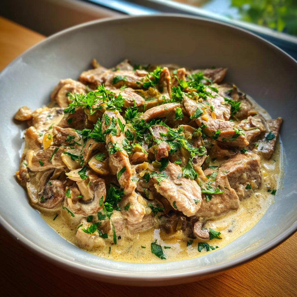 Eine Schüssel voll Kalbsgeschnetzeltes Zürcher Art mit cremiger Sauce, Pilzen und frischer Petersilie.