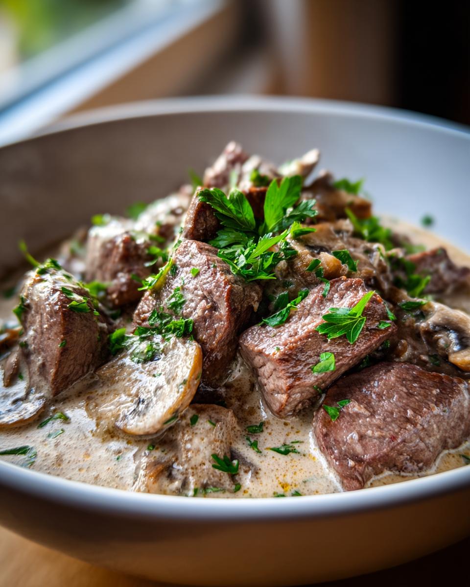 Nahaufnahme von Kalbsgeschnetzeltes Zürcher Art mit cremiger Sauce und frischer Petersilie.