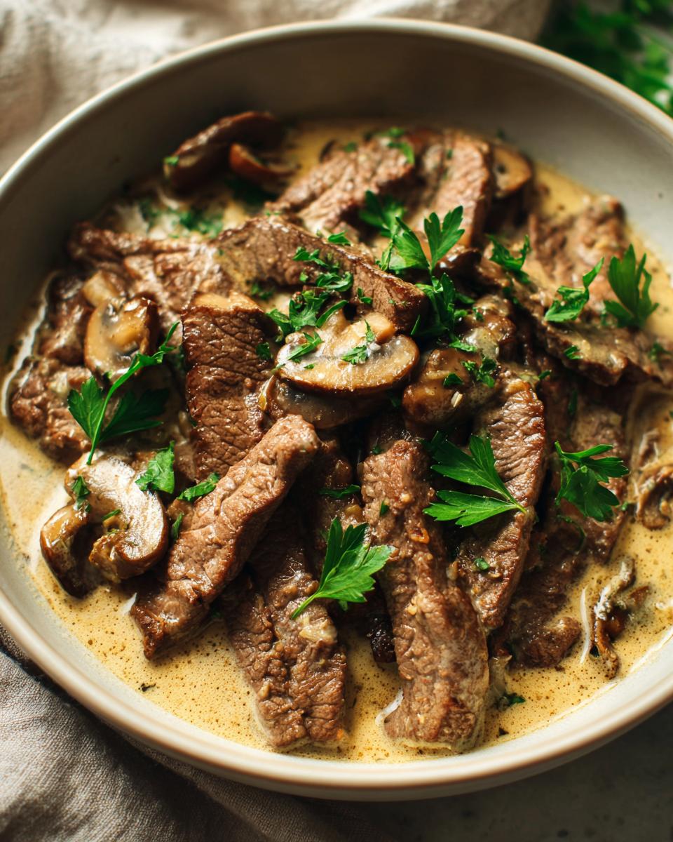 Ein Teller Kalbsgeschnetzeltes Zürcher Art mit zarten Kalbfleischstreifen, Champignons und cremiger Sauce, garniert mit Petersilie.