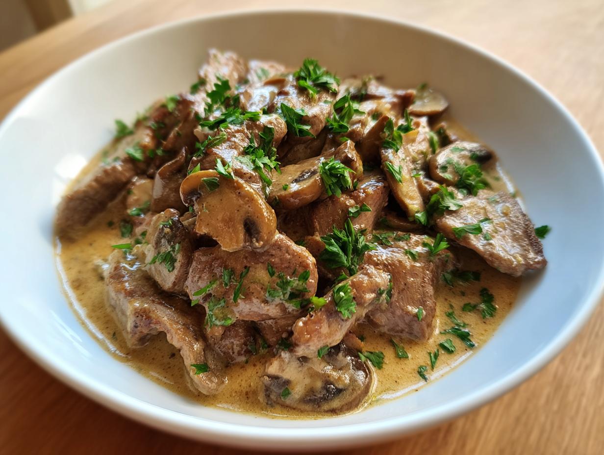 Ein Teller Kalbsgeschnetzeltes Zürcher Art mit cremiger Sauce und frischer Petersilie garniert.