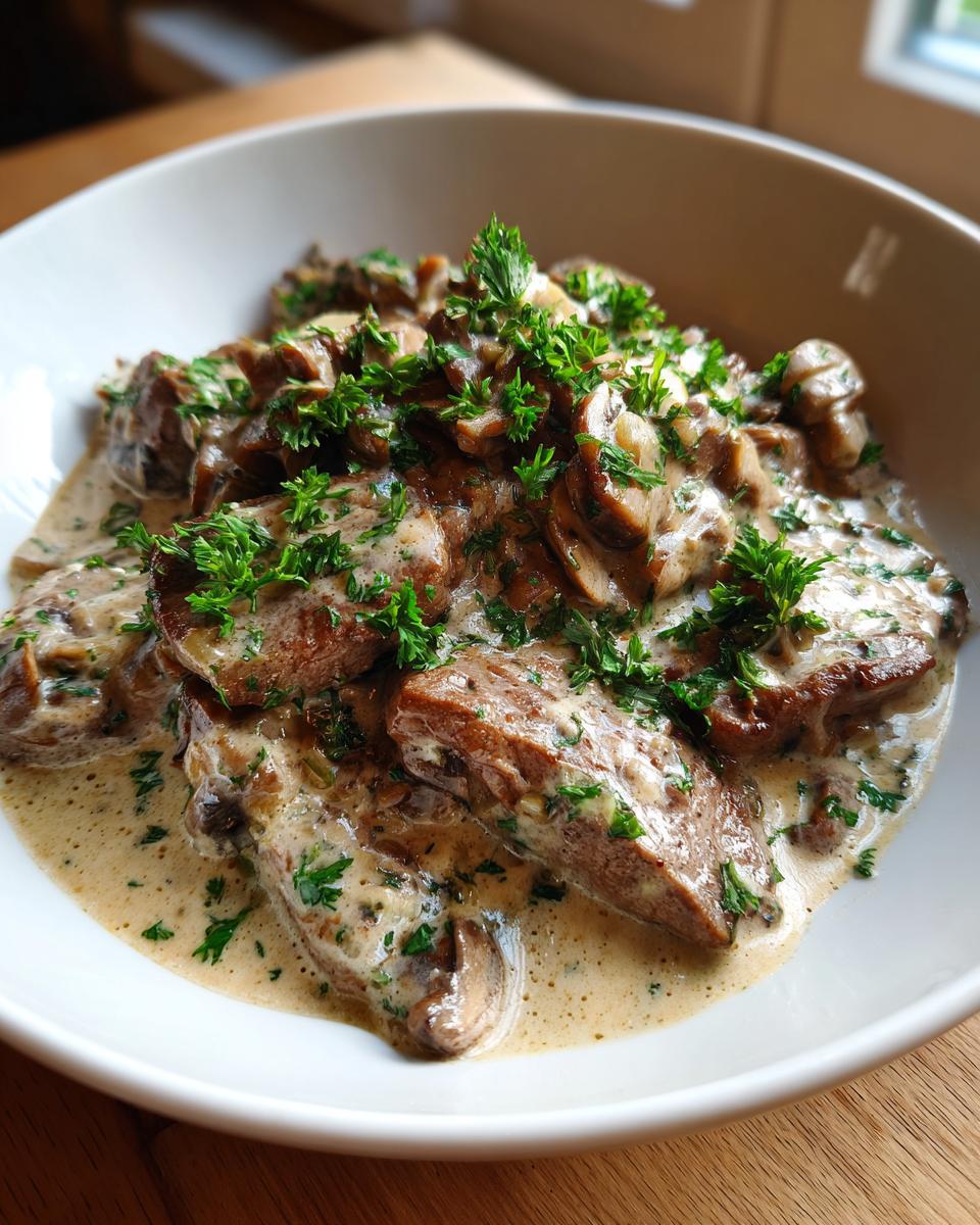 Nahaufnahme von Kalbsgeschnetzeltes Zürcher Art in einer cremigen Sauce mit Pilzen und Petersilie.