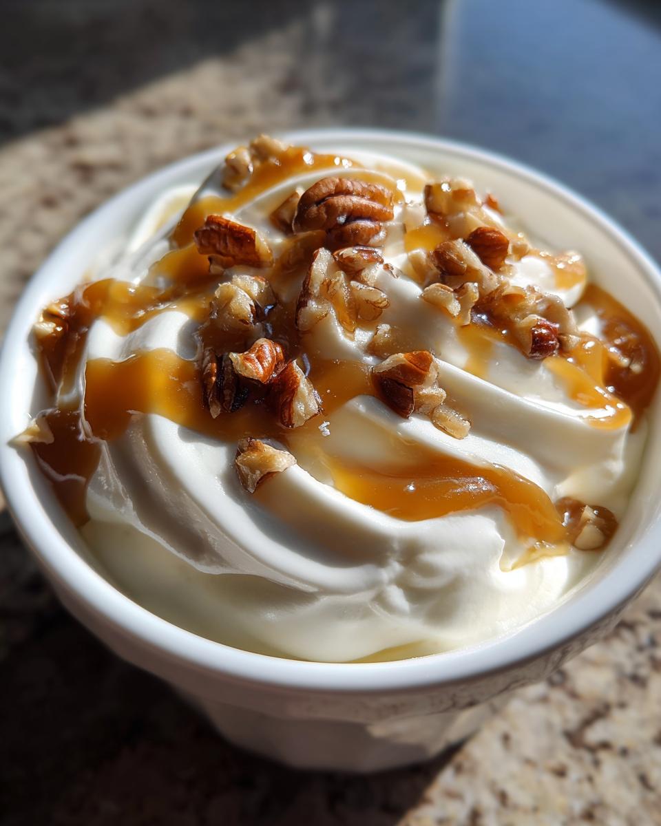 Nahaufnahme des cremigen Karamell Apfel Dip, garniert mit Karamellsauce und gehackten Pekannüssen.