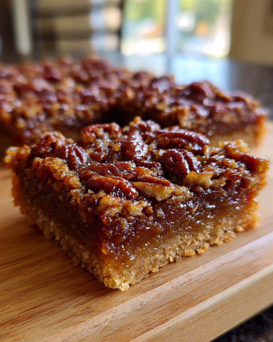 Nahaufnahme eines Karamell-Pecan-Bars mit knusprigem Boden und karamelliger Pekannuss-Decke.
