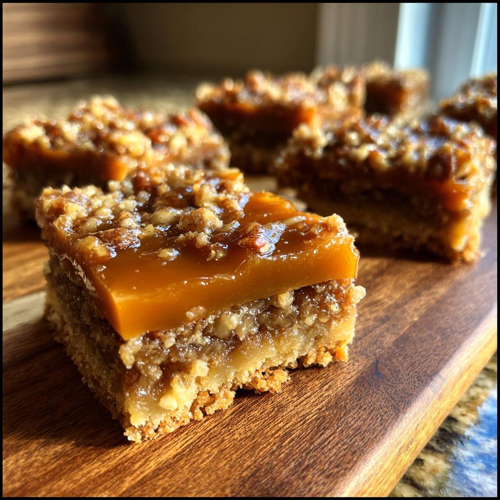 Nahaufnahme von saftigen Karamell-Pecan-Bars mit dicker Karamellschicht und Pekannüssen auf einem Holzbrett.