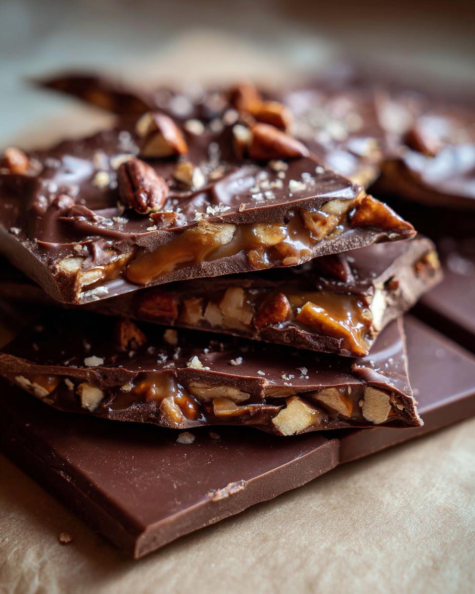 Gestapelte Stücke von Karamell-Pretzel-Chocolate-Bark mit Karamell, Nüssen und Meersalz.