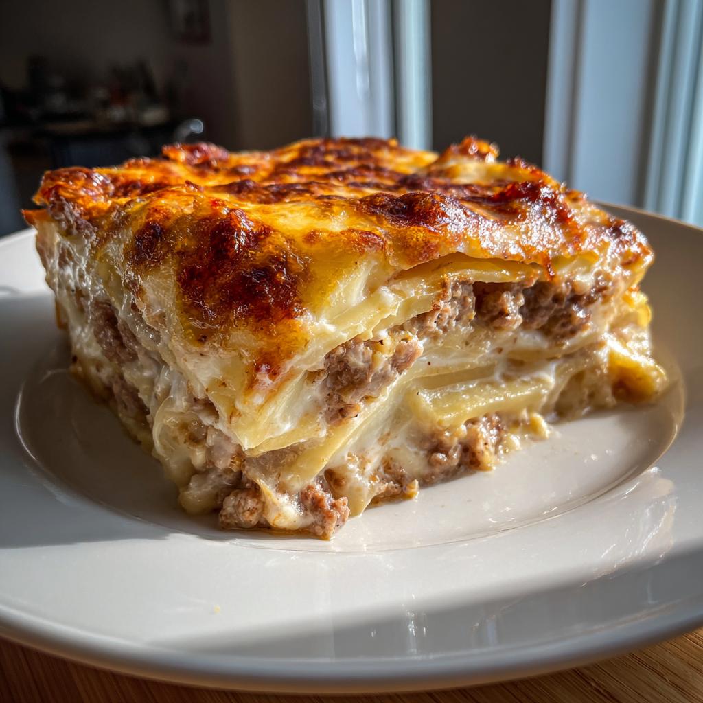Ein saftiges Stück Kartoffel-Hackfleisch-Auflauf Hausfrauen-Art mit goldbraun überbackener Käsekruste.