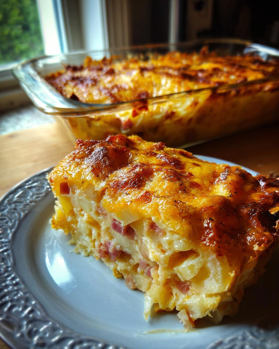 Ein Stück Kartoffelauflauf mit Schinken und Käse auf einem Teller, goldbraun überbacken.