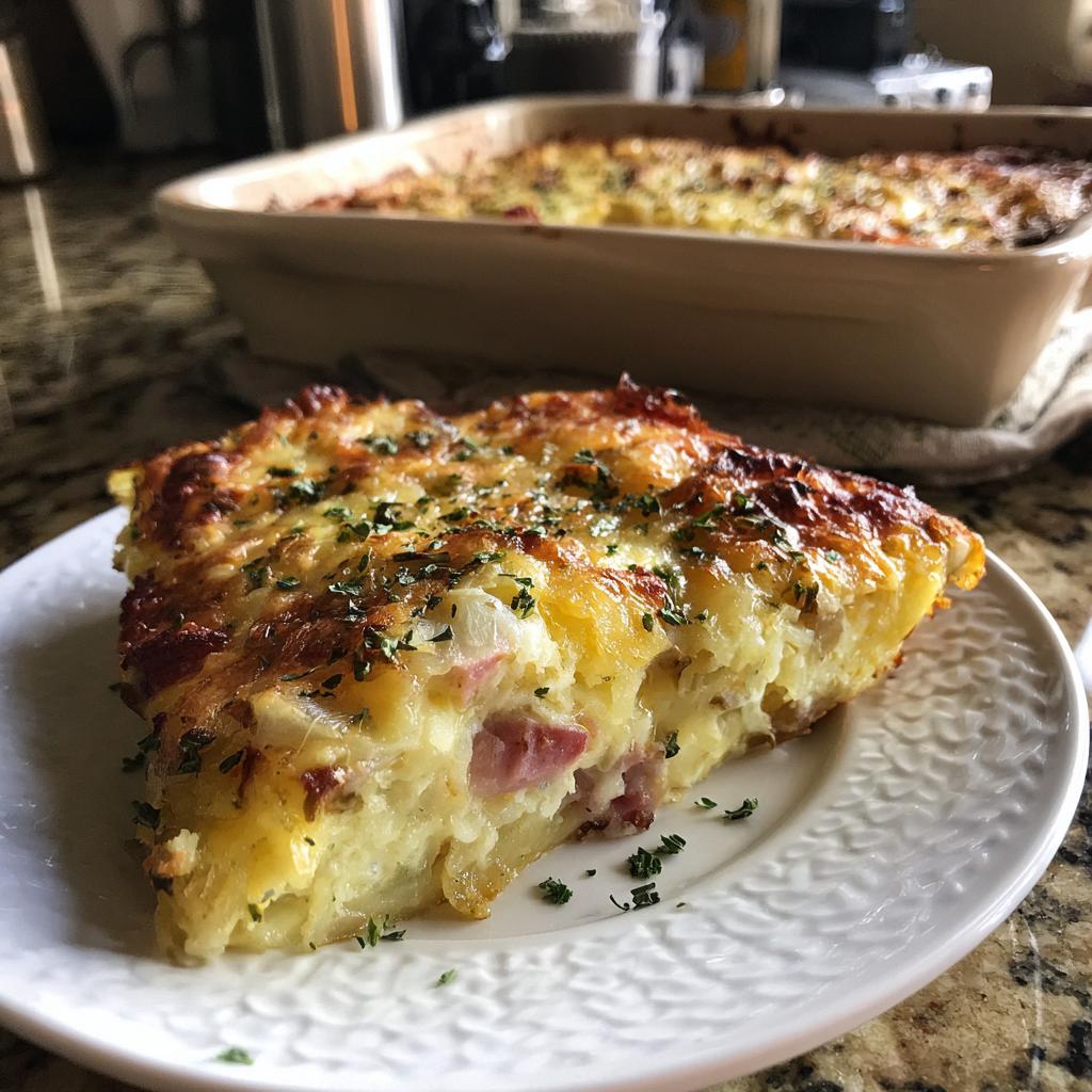 Ein Stück Kartoffelauflauf mit Schinken und Käse auf einem Teller, garniert mit Petersilie.