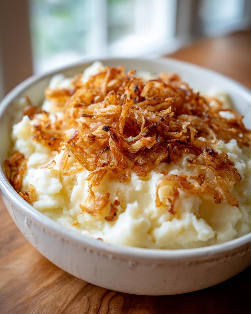 Nahaufnahme von cremigem Kartoffelbrei mit Röstzwiebeln obendrauf in einer Schüssel.