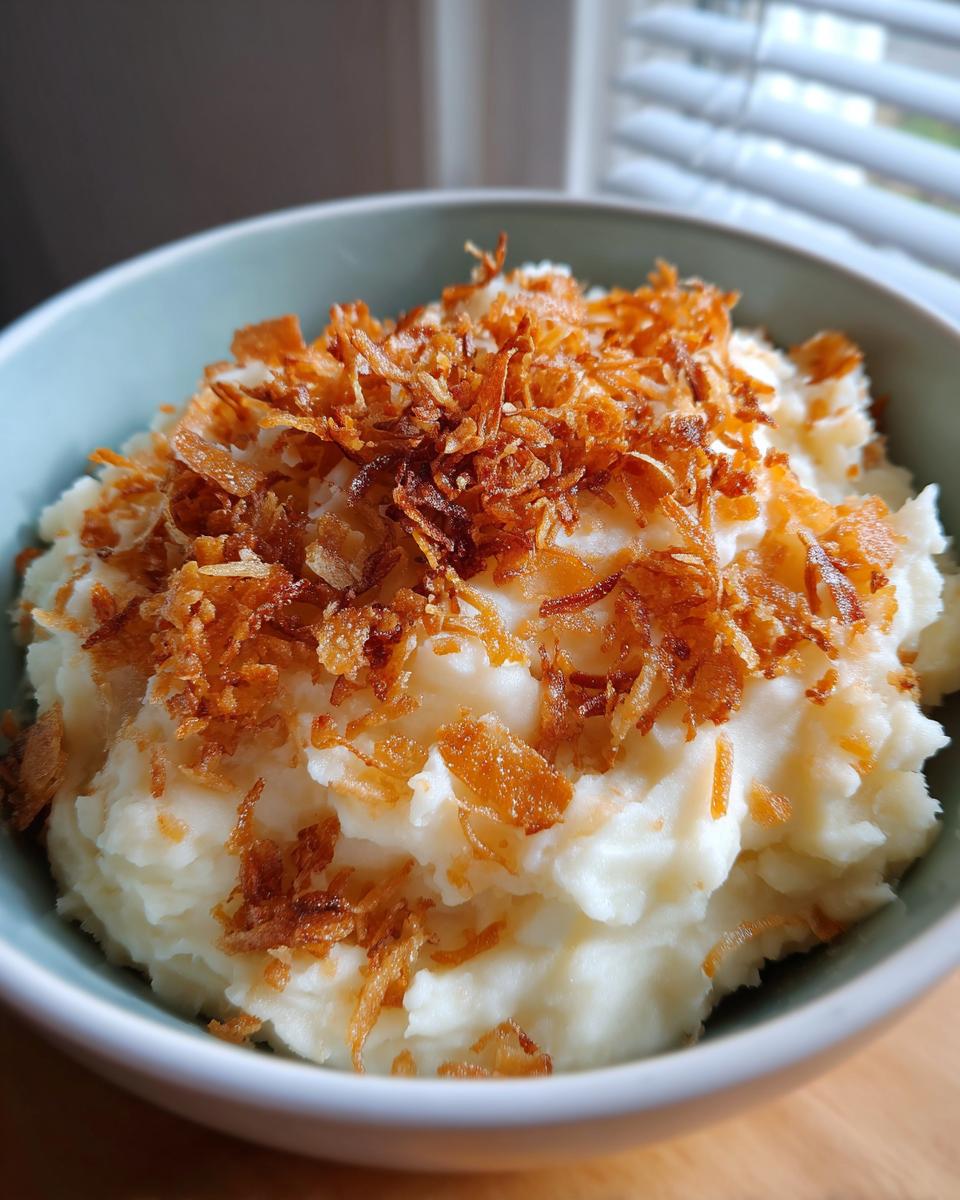 Nahaufnahme von cremigem Kartoffelbrei mit Röstzwiebeln als Topping in einer blauen Schüssel.