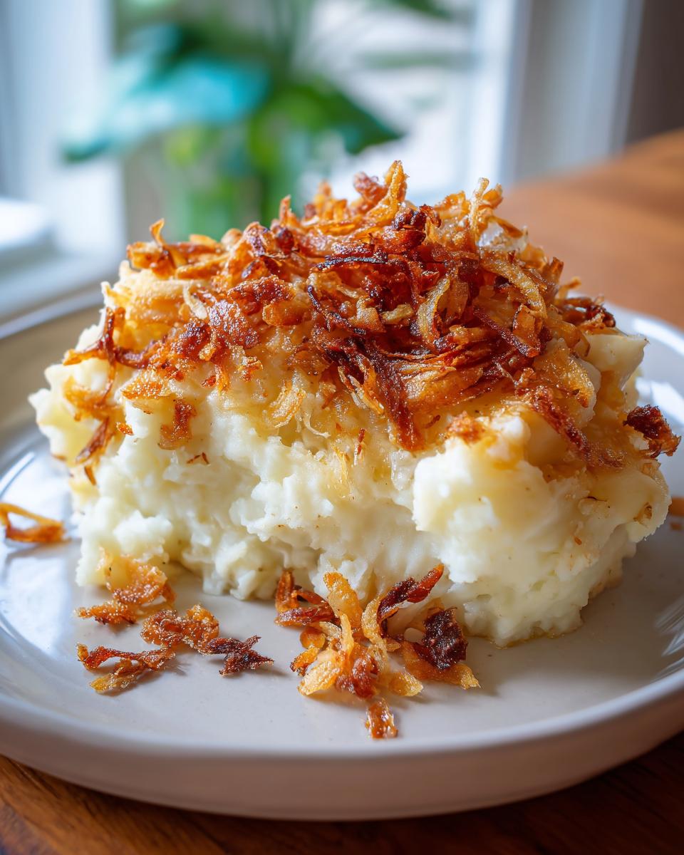 Ein Stück cremiger Kartoffelbrei mit Röstzwiebeln auf einem Teller, perfekt für ein schnelles Gericht.