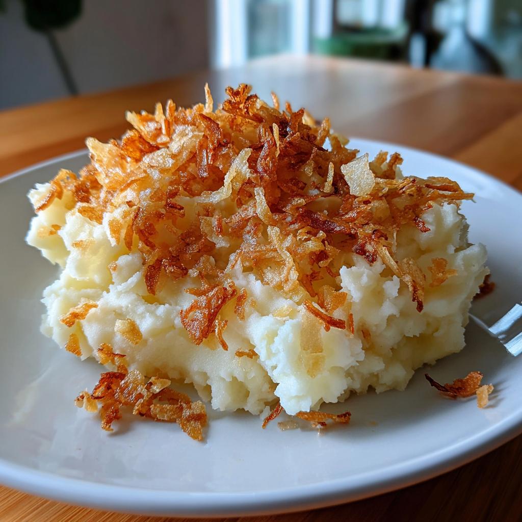 Ein Teller mit cremigem Kartoffelbrei, großzügig bestreut mit goldbraunen, knusprigen Röstzwiebeln.