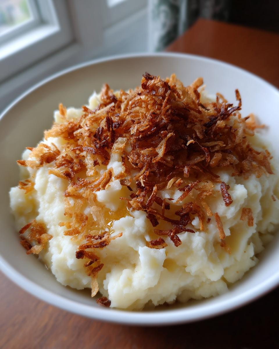 Nahaufnahme von cremigem Kartoffelbrei mit Röstzwiebeln als Topping, serviert in einer weißen Schüssel.