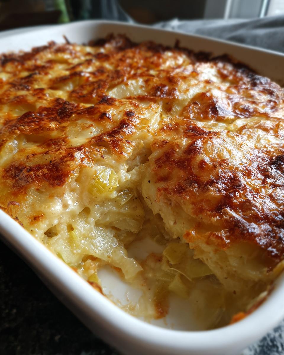 Nahaufnahme eines frisch gebackenen Kartoffelgratins mit Lauch und Käse, goldbraun überbacken.