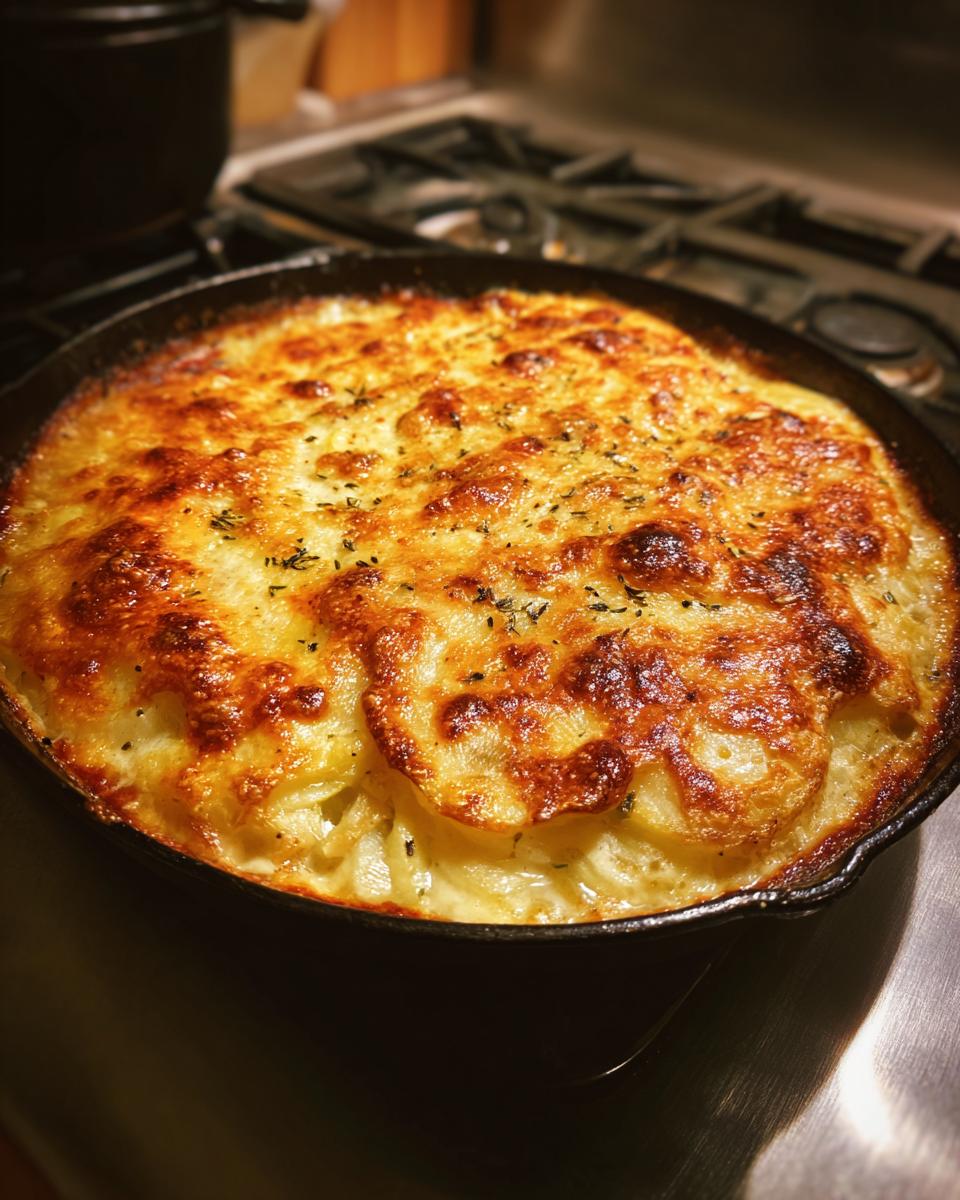 Frisch gebackenes Kartoffelgratin mit Lauch und Käse in einer gusseisernen Pfanne, goldbraun überbacken.