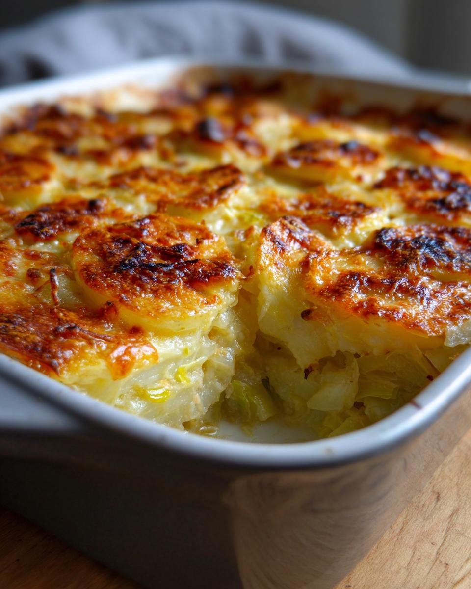 Nahaufnahme von einem goldbraun überbackenen Kartoffelgratin mit Lauch und Käse, frisch aus dem Ofen.