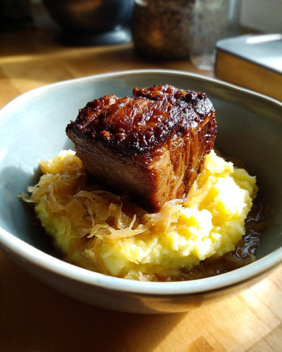 Ein Klumpen saftiges Kasseler liegt auf cremigem Kartoffelpüree mit Sauerkraut.