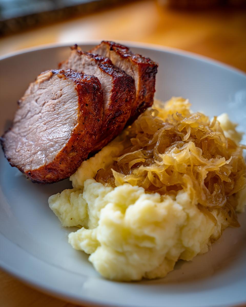Ein Teller mit saftigem Kasseler, Sauerkraut und cremigem Kartoffelpüree, bereit zum Genießen.
