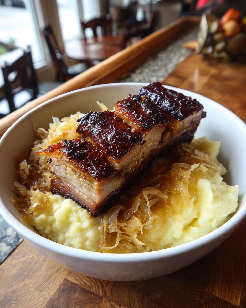 Ein Teller mit Kasseler mit Sauerkraut und Kartoffelpüree, das Fleisch ist glasiert und das Püree cremig.