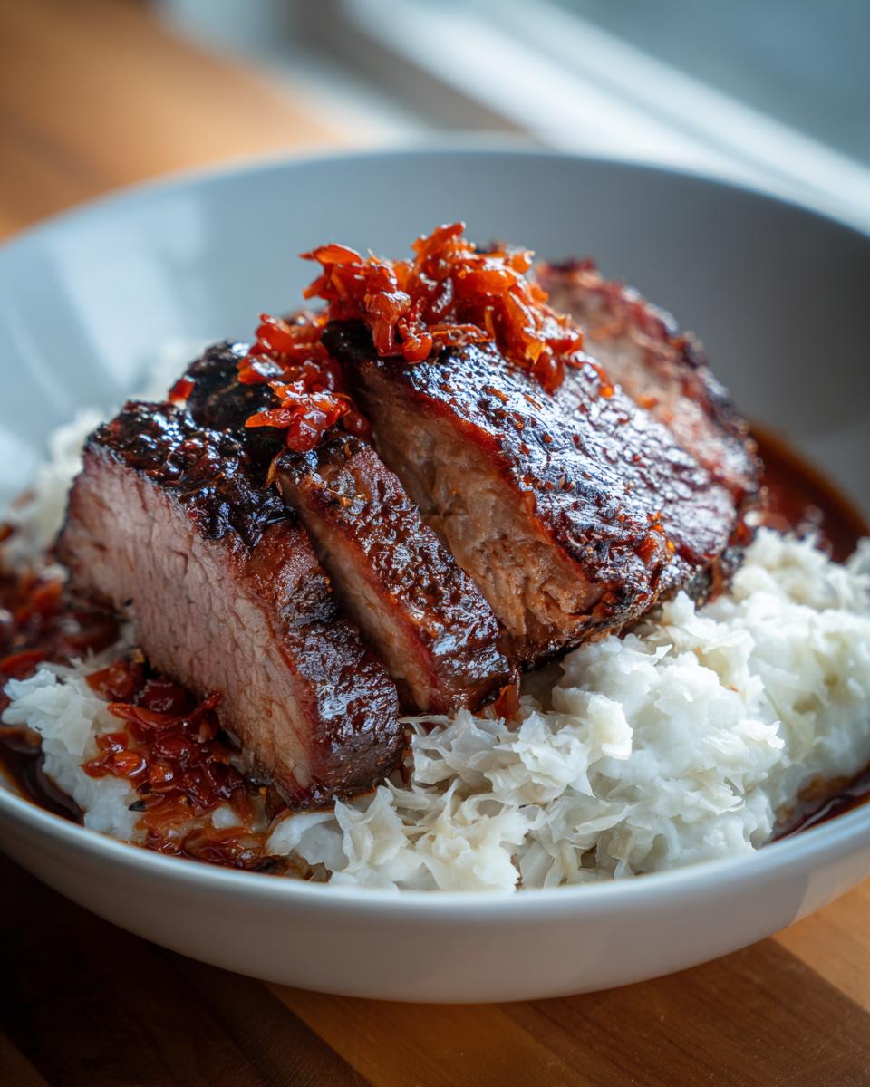 Saftige Scheiben Kasseler auf cremigem Kartoffelpüree mit Sauerkraut und einer würzigen Soße.