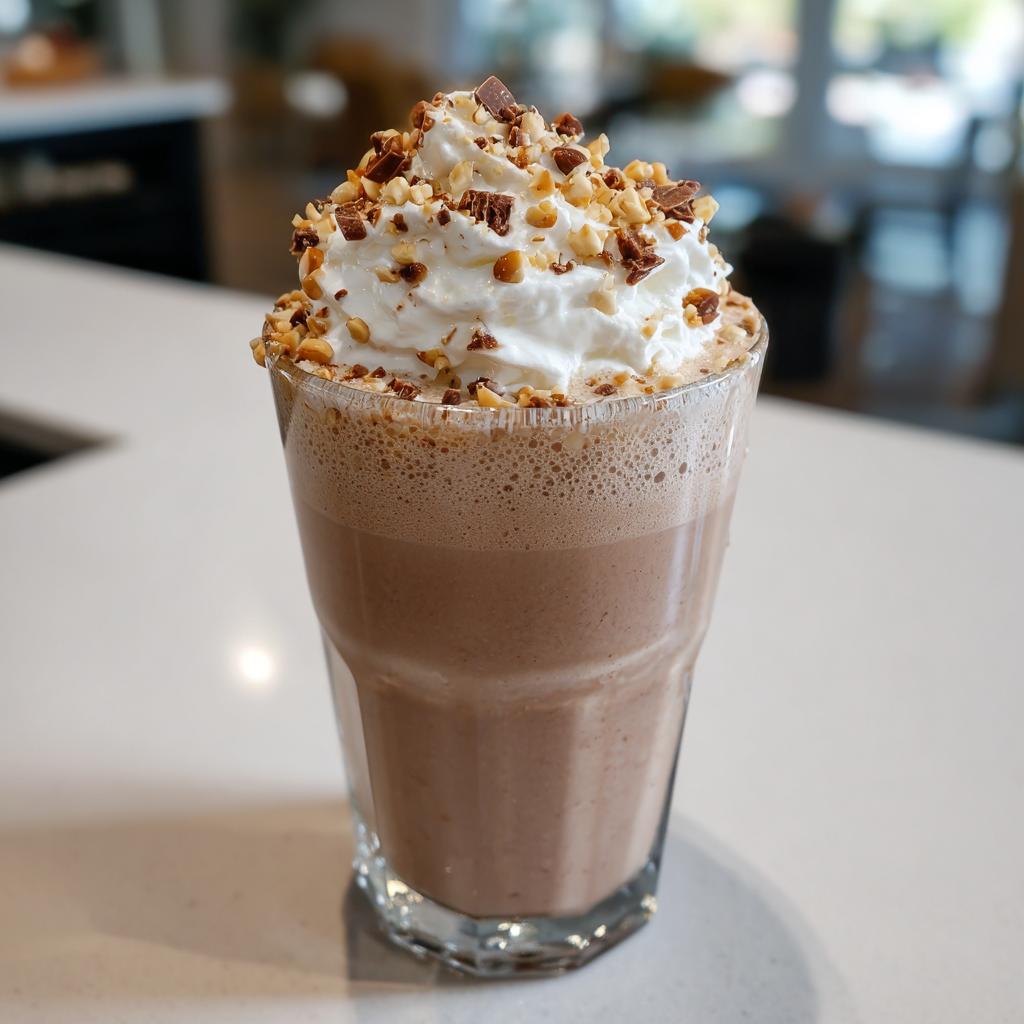 Ein Glas Kinder Bueno Drink – cremiger Haselnuss-Schoko-Milchshake, gekrönt mit Sahne, gehackten Haselnüssen und Schokostückchen.