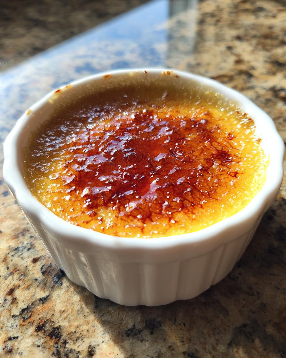 Nahaufnahme einer Crème Brûlée mit perfekt karamellisierter, knuspriger Zuckerkruste im weißen Förmchen.