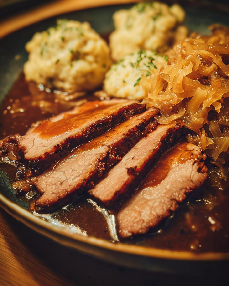 Aufgeschnittener Schweinebraten mit dunkler Soße, dazu Knödel und Zwiebelkraut für Knedlo Vepřo Zelo.