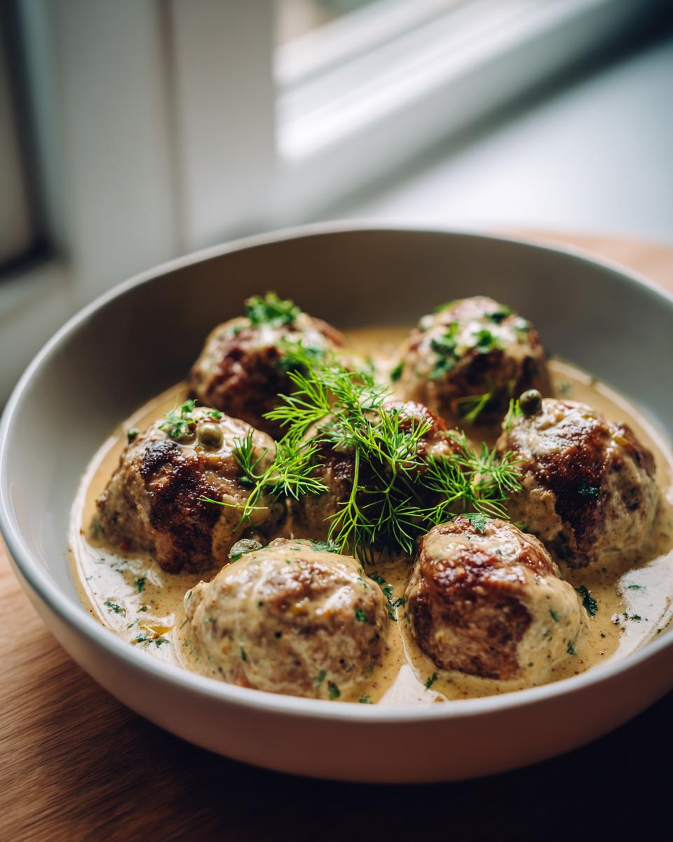 Köstliche Königsberger Klopse mit Kapernsauce, garniert mit frischer Petersilie und Dill.