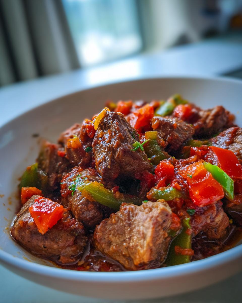 Nahaufnahme von saftigen Fleischstücken im würzigen Sud des Köylü Kebab (Bauernkebab) mit Paprika.