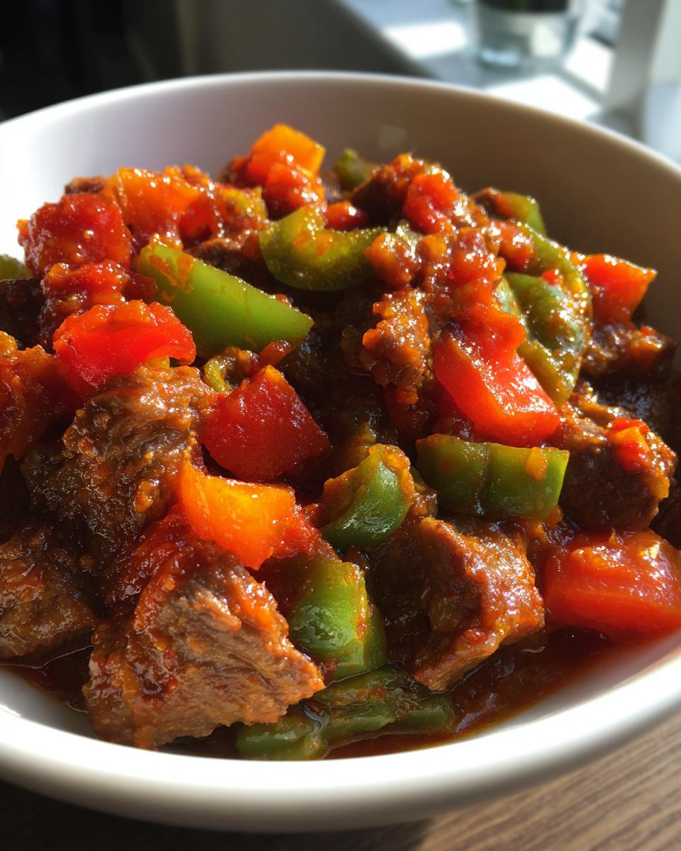 Nahaufnahme von saftigen Fleischstücken mit roten und grünen Paprikastücken im würzigen Sud des Köylü Kebab.