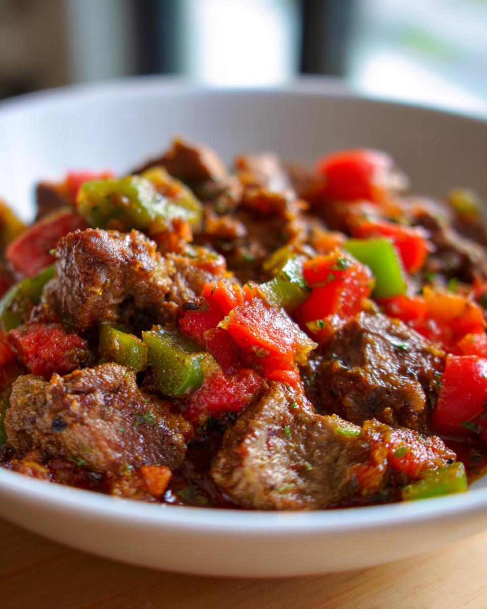 Nahaufnahme von saftigen Fleischstücken mit Tomaten und grünen Paprika im Köylü Kebab (Bauernkebab).