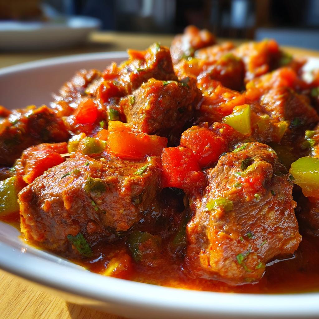 Nahaufnahme von saftigen Fleischstücken im Köylü Kebab, geschmort in einer leuchtend roten Sauce mit Tomaten und Paprika.