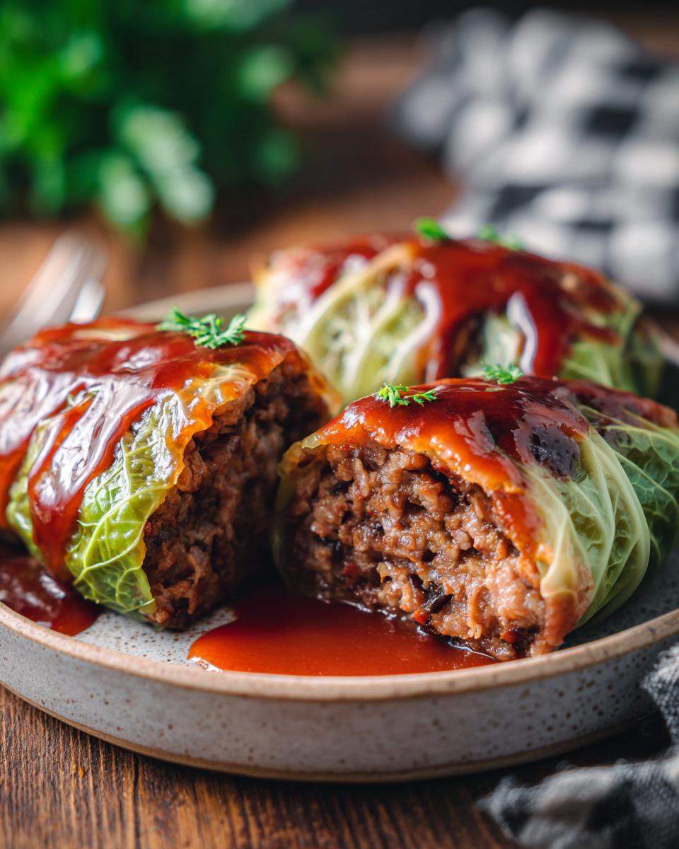 Nahaufnahme von herzhaften Kohlrouladen mit Specksauce, eine davon angeschnitten, auf einem Teller serviert.