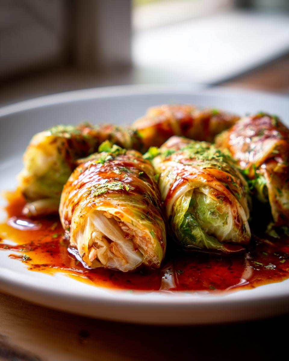 Nahaufnahme von herzhaften Kohlrouladen mit Specksauce, garniert mit frischer Petersilie.
