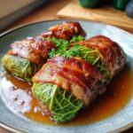 Nahaufnahme von herzhaften Kohlrouladen mit Specksauce, garniert mit Petersilie.