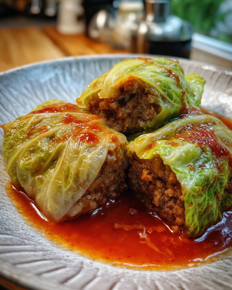 Nahaufnahme von herzhaften Kohlrouladen mit Specksauce, gefüllt mit Hackfleisch.