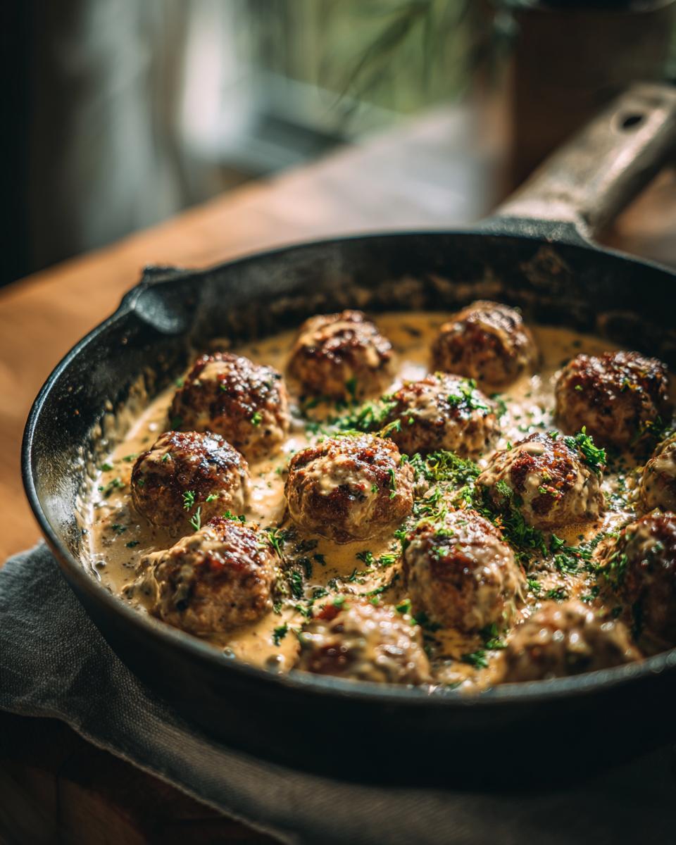 Königsberger Klopse mit Kapernsauce in einer Gusseisenpfanne, garniert mit Petersilie.