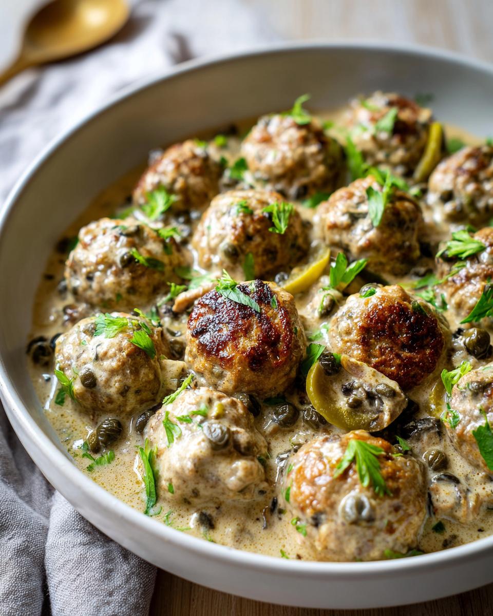 Eine Schüssel voller saftiger Königsberger Klopse in cremiger Kapernsauce, garniert mit frischer Petersilie.