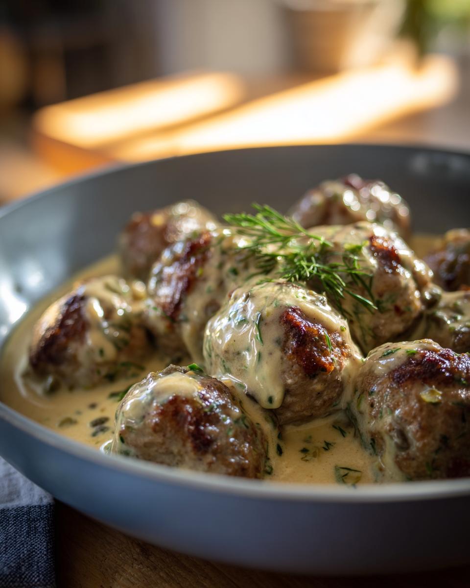 Nahaufnahme von Königsberger Klopsen mit Kapernsauce und Dill in einer grauen Schüssel.