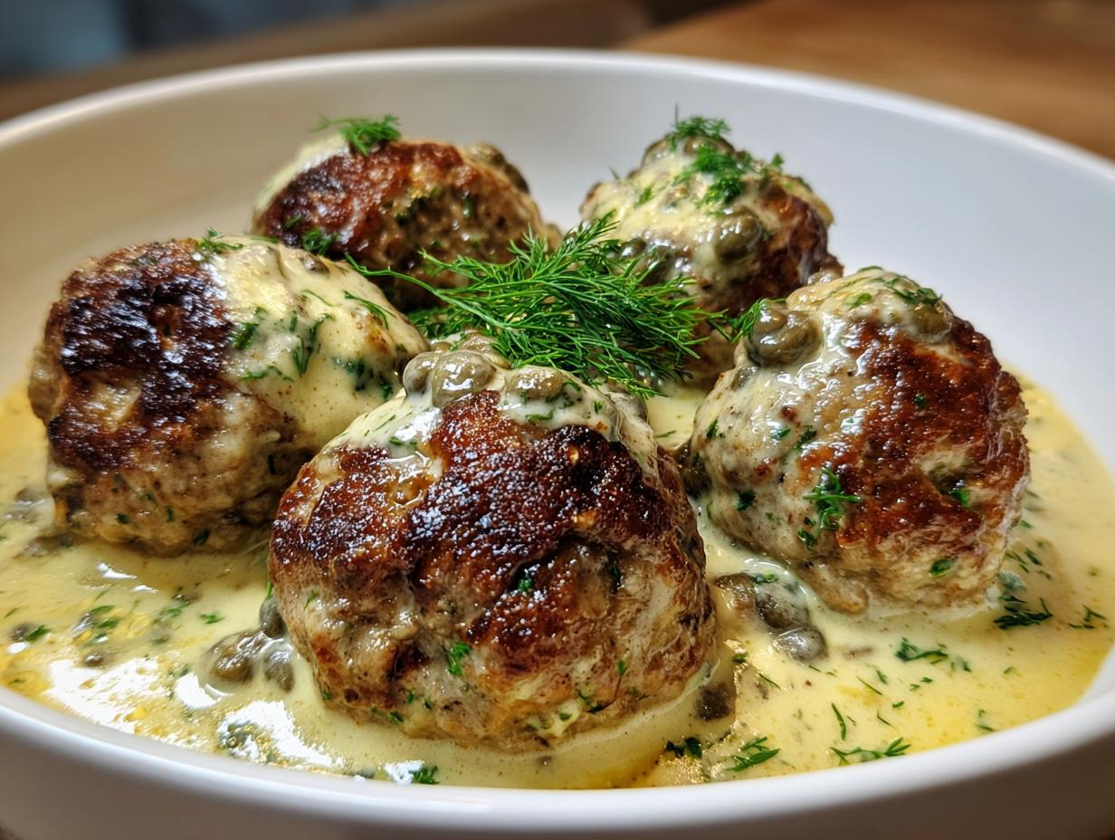 Nahaufnahme von Königsberger Klopsen in cremiger Kapernsauce, garniert mit Dill.