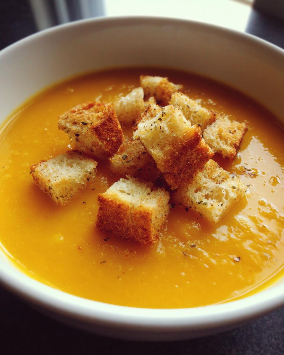 Eine Schüssel mit leckerer Kürbis-Kartoffel-Suppe, garniert mit knusprigen Croutons.