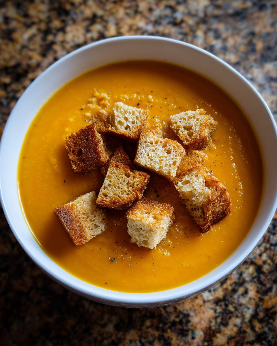 Eine Schüssel mit cremiger Kürbis-Kartoffel-Suppe, garniert mit knusprigen Croutons und etwas Pfeffer.