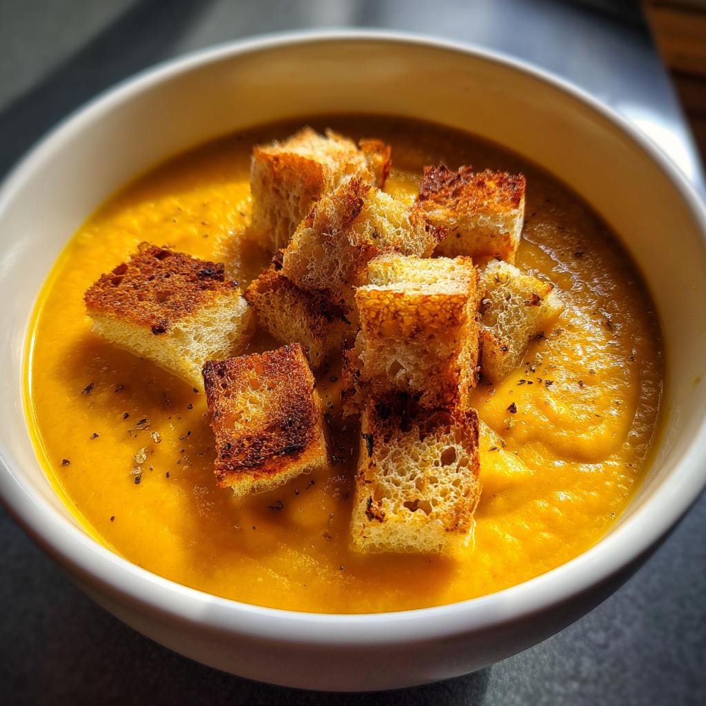 Eine Schüssel mit leckerer Kürbis-Kartoffel-Suppe, garniert mit knusprigen Croutons.