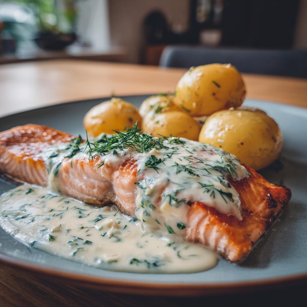 Ein saftiges Lachsfilet mit cremiger Dill-Sahne-Sauce und goldgelben Salzkartoffeln, perfekt für ein schnelles Abendessen.