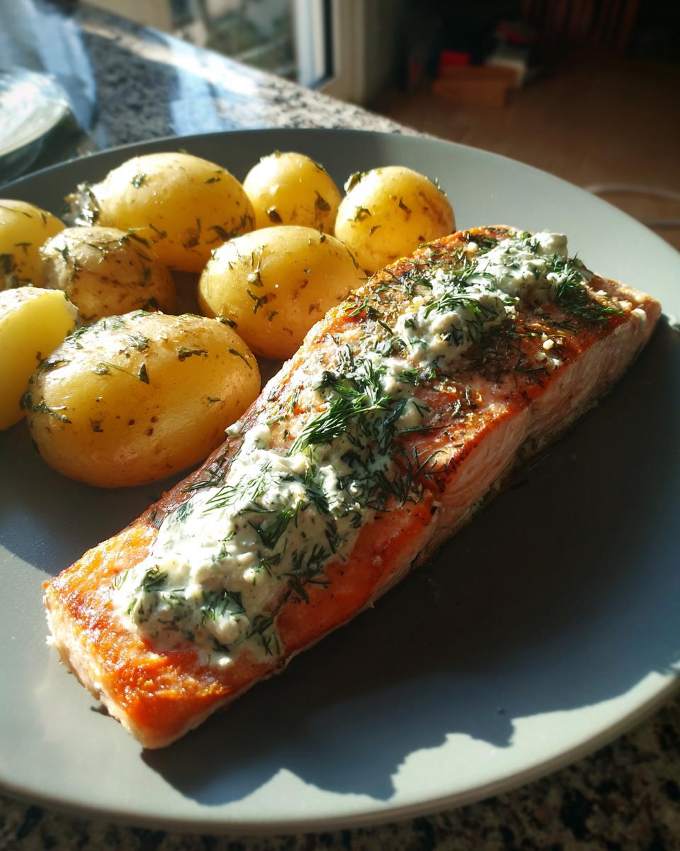 Ein saftiges Lachsfilet mit cremiger Dill-Sahne-Sauce und dampfenden Salzkartoffeln auf einem Teller.