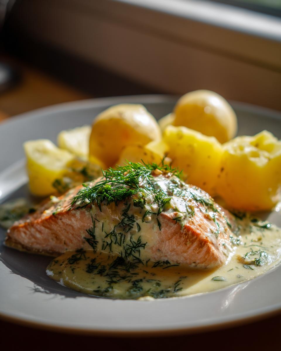 Ein saftiges Lachsfilet mit cremiger Dill-Sahne-Sauce und Salzkartoffeln auf einem Teller.