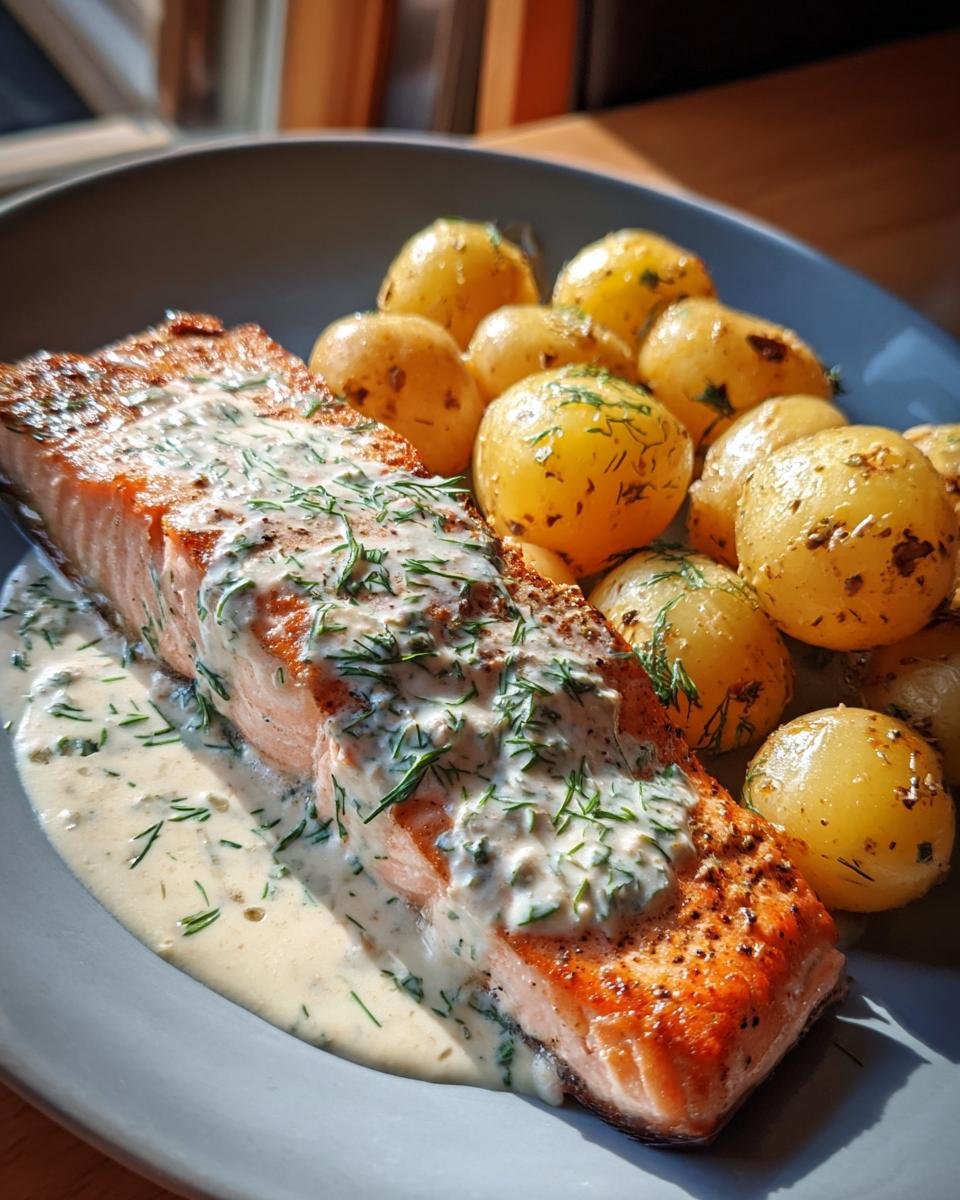 Ein saftiges Lachsfilet mit cremiger Dill-Sahne-Sauce und goldbraunen Salzkartoffeln auf einem Teller.